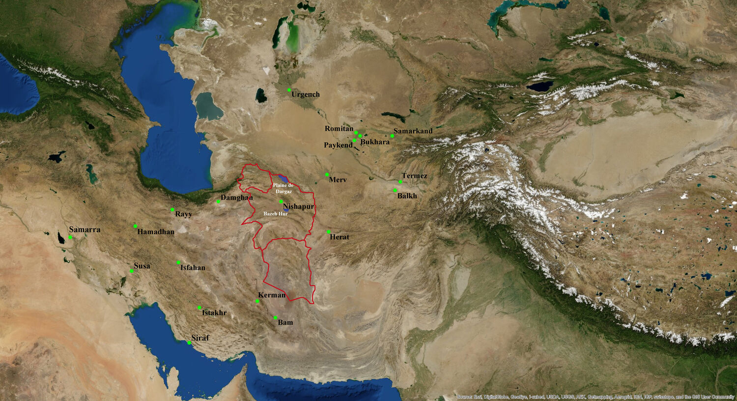 Carte géographique montrant le Khorasan et les villes principales du monde iranien