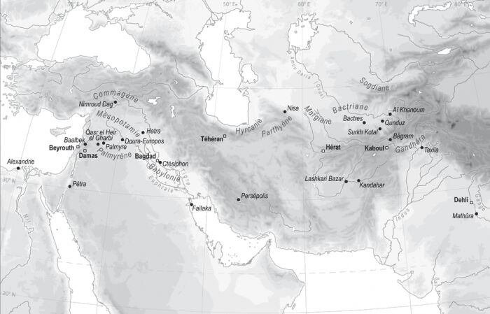 Carte du Moyen Orient, montrant les régions de Margiane et Parthyène